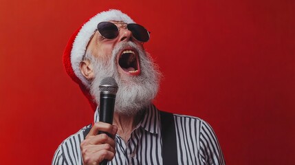  Photo of grandpa grey beard hold mic open mouth scream sing