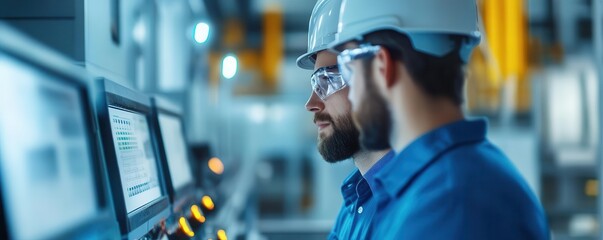 A focused worker wearing safety gear monitors machinery controls in a modern industrial environment.