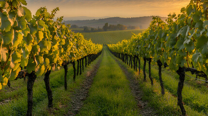 Fototapeta premium Rows of grapevines at sunrise, creating a scenic pathway through the vineyard.