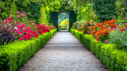 Stone path leads to a stone archway through a colorful garden with lush green bushes.