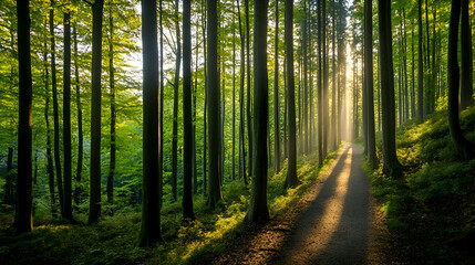 Fototapeta premium Sun rays illuminate a path through a dense forest.