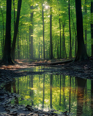 Obraz premium Sunbeams illuminate a forest path reflected in a puddle of water.