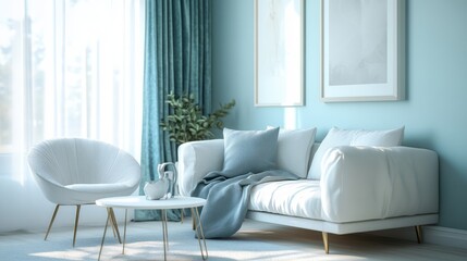 Minimalist Living Room with White Sofa, Chair, and Table