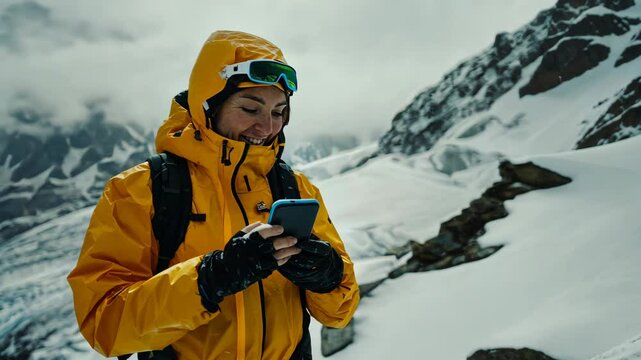A woman wearing a yellow jacket and goggles uses her phone while hiking in the snow