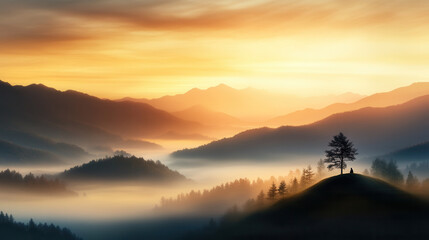 Obraz premium serene dawn landscape featuring lone figure on hill, surrounded by misty mountains and soft golden light. tranquil atmosphere evokes sense of peace and reflection