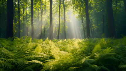 Obraz premium Sunlight beams through a dense forest, illuminating a carpet of ferns on the forest floor.