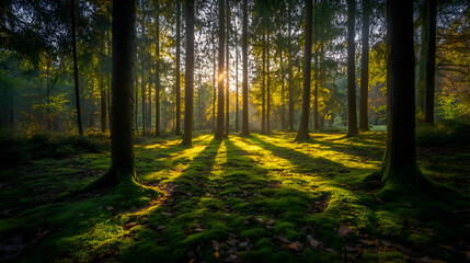 Obraz premium Sunlight streams through a dense forest, illuminating the mossy ground.