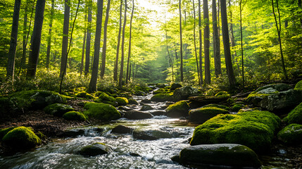 Sunlight streams through the trees, illuminating a moss-covered creek winding through a lush, green forest.