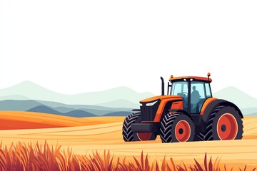 Obraz premium Illustration of a tractor on a wheat field with mountains in the background.