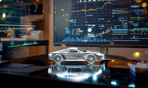 A digital workspace featuring a holographic car model and data analysis. - Powered by Adobe