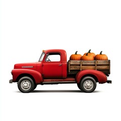 Red vintage truck carrying pumpkins in a wooden crate, isolated on white background.
