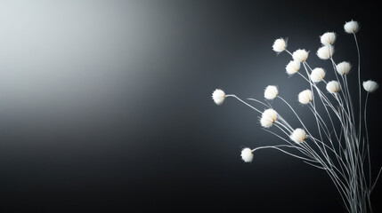 Delicate white flowers on slender stems create serene atmosphere against dark background, evoking sense of calm and tranquility