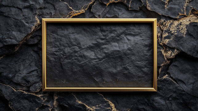 Gold metal rectangular frame on a dark stone background