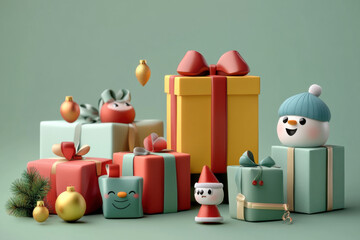 Festive Christmas gifts with animated faces and colorful wrapping create joyful holiday scene