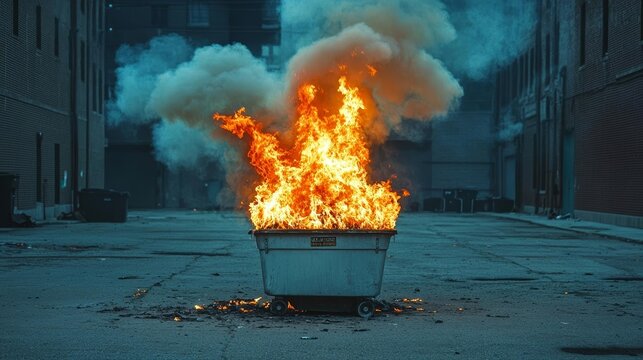 Dumpster fire in an empty lot, flames and smoke rising high, dramatic lighting, gritty urban atmosphere, cinematic