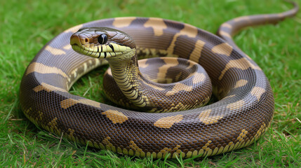 Obraz premium Snake, Long, slithering reptile with scaly skin Camouflaged in Grass