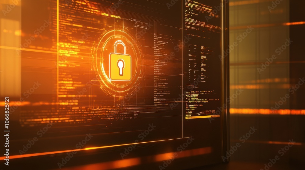 Poster a vibrant computer display features a lock symbol, representing security protocols and data protecti
