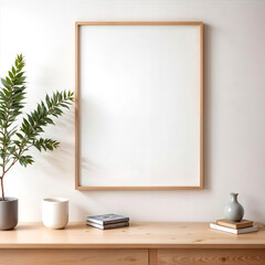 Minimalist Scandinavian Wooden Picture Frame Mockup. On wall above a wooden table with decor, including green plant in a gray pot, white ceramic mug, stacked books, and a small gray vase. Empty frame.