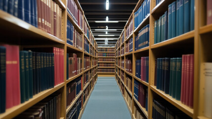 Fototapeta premium A quiet library aisle lined with rows of colorful books invites readers to explore a world of knowledge and imagination