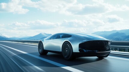 A sleek, futuristic autonomous car driving smoothly on an open highway