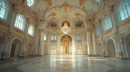 Fototapeta premium Grand Ballroom with Ornate Details and Sunlight Streaming Through Windows