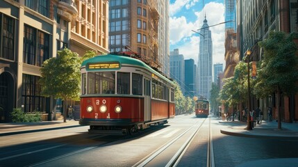 Naklejka premium Vintage tram on a city street, representing historical and cultural transport on a bright day