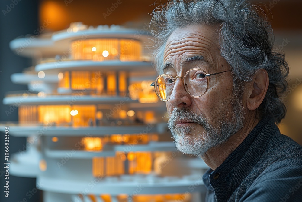 Poster Portrait of an Elderly Man with a Model of a Modern Building in the Background