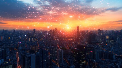 Fototapeta premium Cityscape with Sunset and Networked Connections
