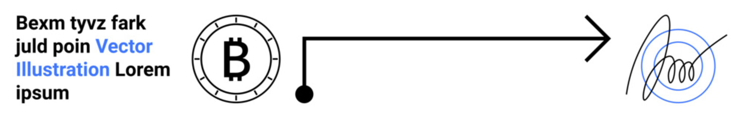 Bitcoin symbol, black line with arrow, physical signature representation. Ideal for cryptocurrency, blockchain, digital transactions, financial technology, security, innovation, futuristic concepts