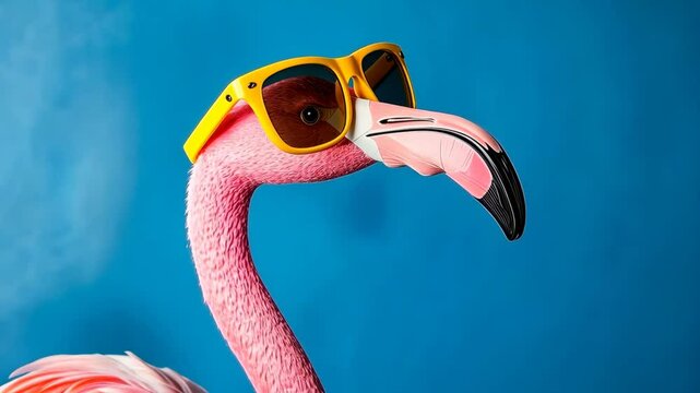 A flamingo wearing yellow sunglasses against a blue background