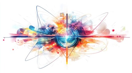 Obraz premium nuclear power plant, illustrated with geometric shapes and vibrant colors. The design includes energy waves and particle streams flowing through the structure,