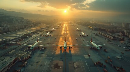 Fototapeta premium Aerial View of a 3D Commercial Airport Render Featuring Airplanes, Passenger Terminals, Runways, and Service Machinery