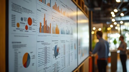 Close-up of corporate presentation charts and graphs on a digital display in a modern office. Business analytics, data visualization, financial report, bar and pie graphs, information