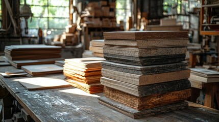 Obraz premium Stacks of Wood Panels in a Workshop