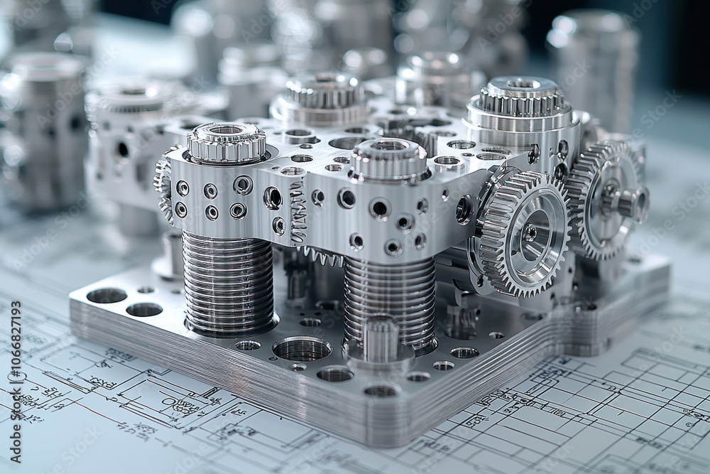 Poster Closeup of a Complex Metallic Machine Part with Gears and Cylinders on a Technical Blueprint