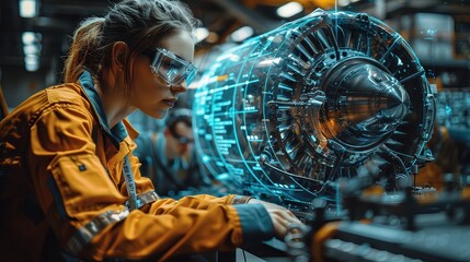 Aerospace Technician Testing Jet Engine Efficiency with High-Tech Equipment in a State-of-the-Art Hangar