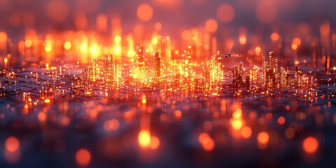Fototapeta premium A Miniature Cityscape Illuminated with Warm Lights and Bokeh Effects