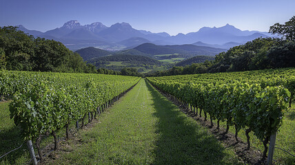 Naklejka premium Idyllic vineyard scene with rows of grapevines and mountain background