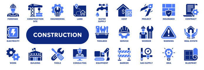 Set of vector solid icons related to construction and engineering, building, real estate. Symbols for website or app ui, logo design, illustration