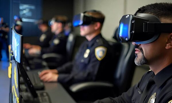 Officers using virtual reality for training in a classroom setting.