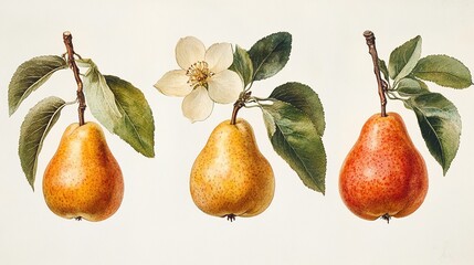 Obraz premium Vintage Watercolor Illustration of Pears and a Blossom