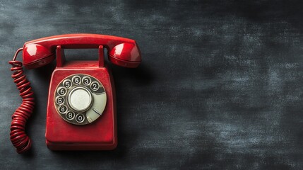A vintage red rotary phone with a coiled cord sits on a dark background with copy space.
