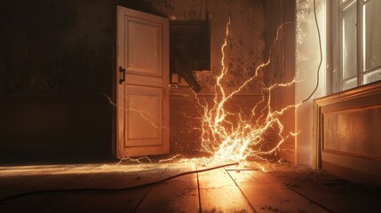 A damaged electrical wire emits bright sparks in a darkened room, emphasizing the risks of electrical failures and potential fires that can occur at night