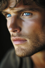 Fototapeta premium attractive man with blue eyes, very handsome and muscular, with natural lighting, against a dark background. He has wavy hair that is slightly messy, looking to the side