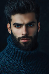 Obraz premium handsome man with black hair and a beard, dark blue eyes, and a long turtleneck sweater. He has very masculine features, and the image has a model photoshoot style with professional photography 