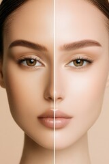 A striking beauty portrait showcasing flawless skin, comparing two sides: one with makeup and one without, highlighting natural beauty and subtle glamour.