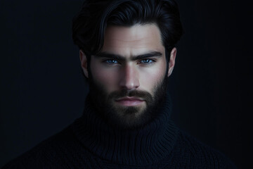 Fototapeta premium handsome man with black hair and a beard, dark blue eyes, and a long turtleneck sweater. He has very masculine features, and the image has a model photoshoot style with professional photography 