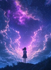 Obraz premium A lone girl gazes at the night sky with a vibrant purple and pink nebula.