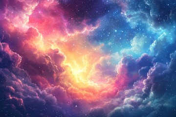 Fototapeta premium A vibrant cosmic skyscape with swirling clouds and a starry backdrop
