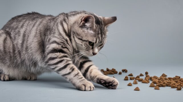 Gray Tabby Cat Playing with Crumpled Paper Ball on Neutral Background